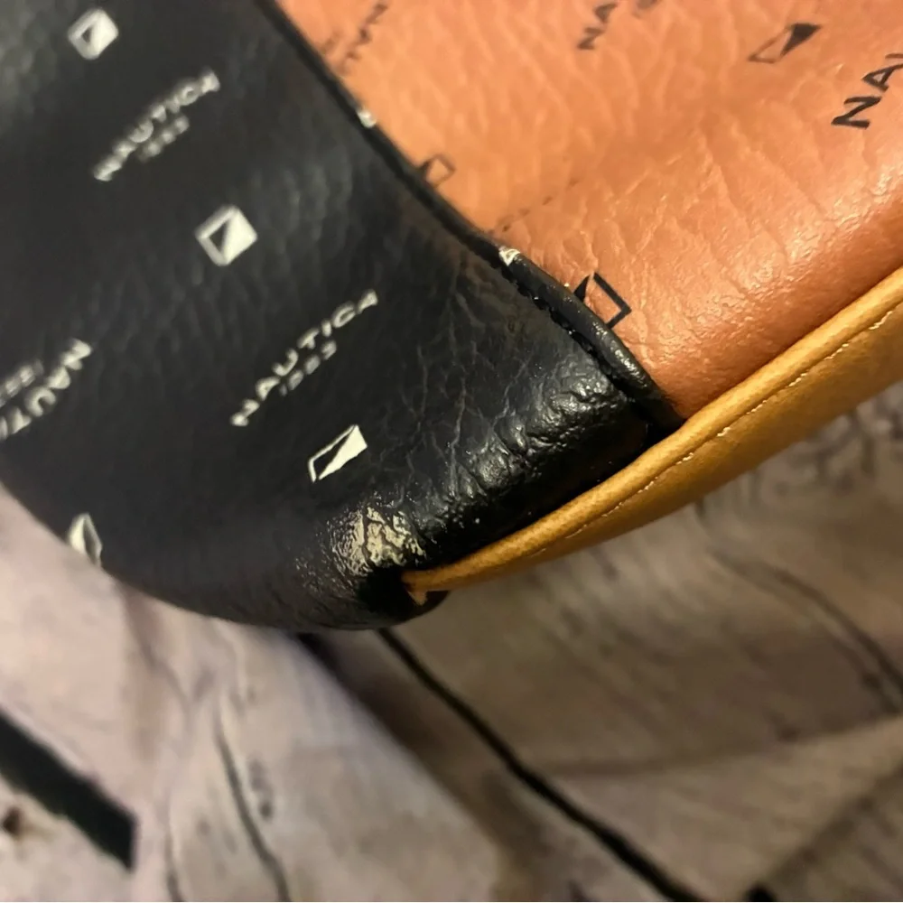 5/$20 Nautica 1983 Logo Zippered Boat‎ Tote Bag Black Camel Cream Patchwork ASIS